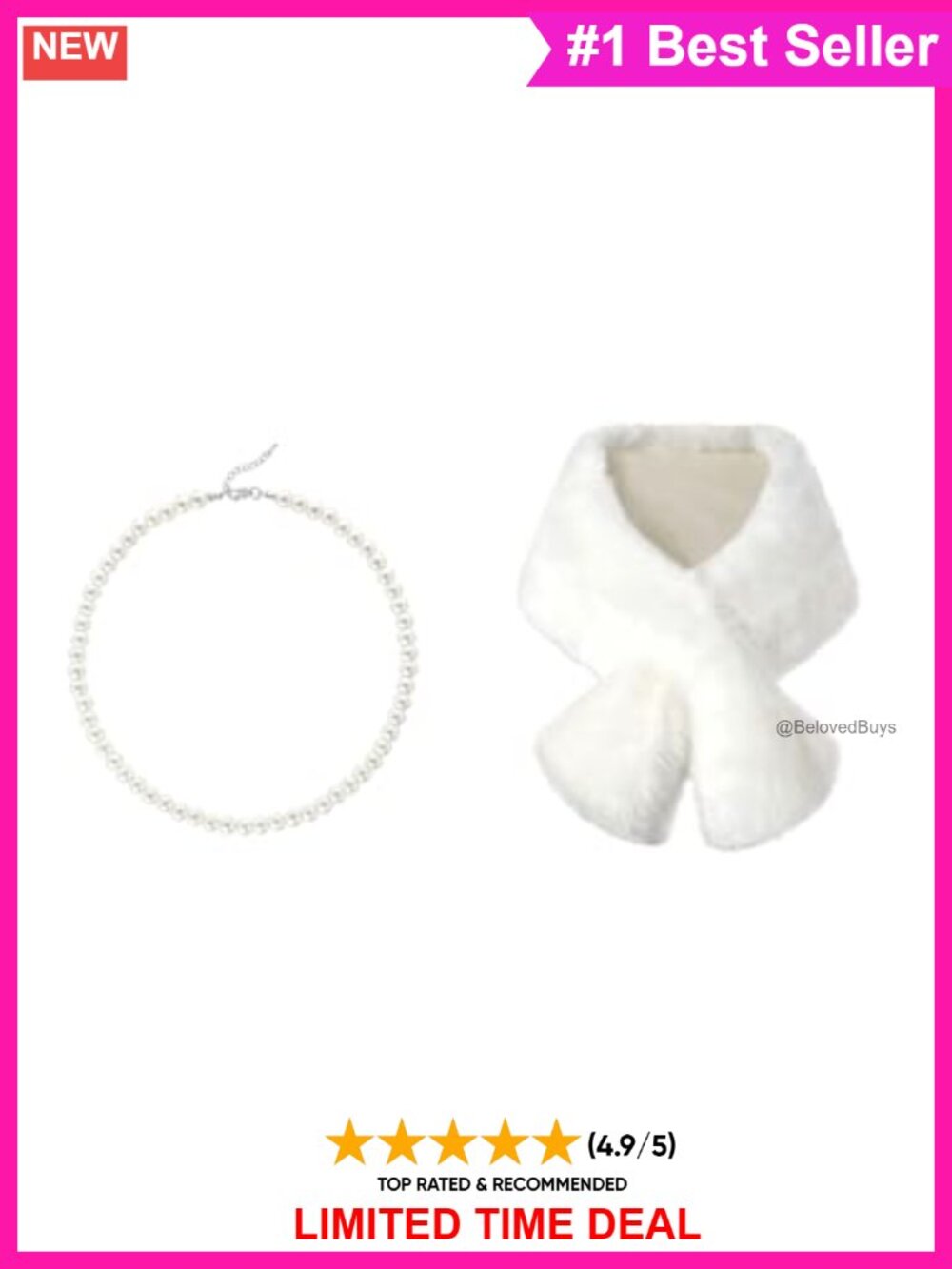 Round Imitation Pearl Necklace with Faux Fur Collar Shawl Wrap Set
